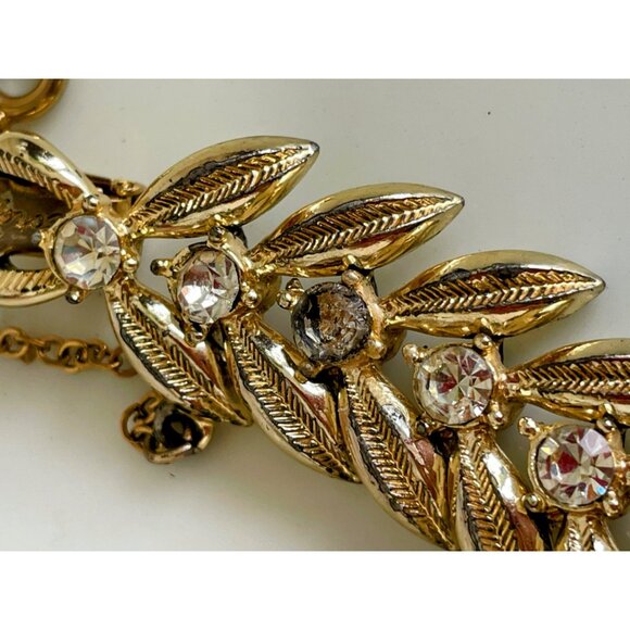 Vintage 1950s Coro Gold Tone Leaf Bracelet With Rhinestones - Picture 6 of 11